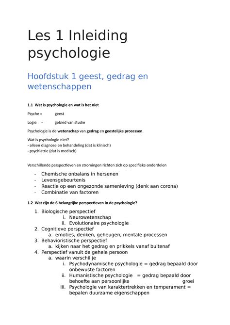 Inleiding Psychologie Samenvatting Les Inleiding Psychologie