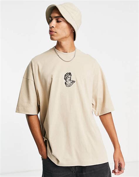 Topman Extreme Oversized T Shirt With Statue Embroidery In Stone Asos