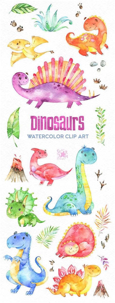 Dinosaurs Watercolor Clip Art Characters Cute Dino S Floral