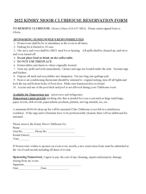 Fillable Online 2022 KIMRY MOOR CLUBHOUSE RESERVATION FORM Fax Email