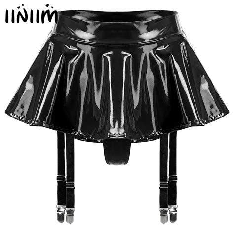 Womens Wet Look Patent Leather Ruffle Mini Skirt Built In Thongs Garter