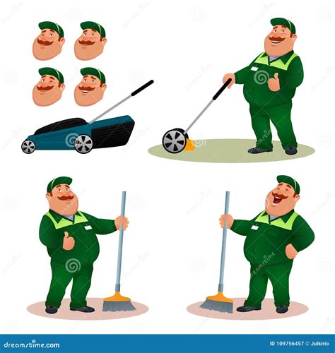 Cartoon Janitor Man With A Broom Cleaning Up The Road Vector