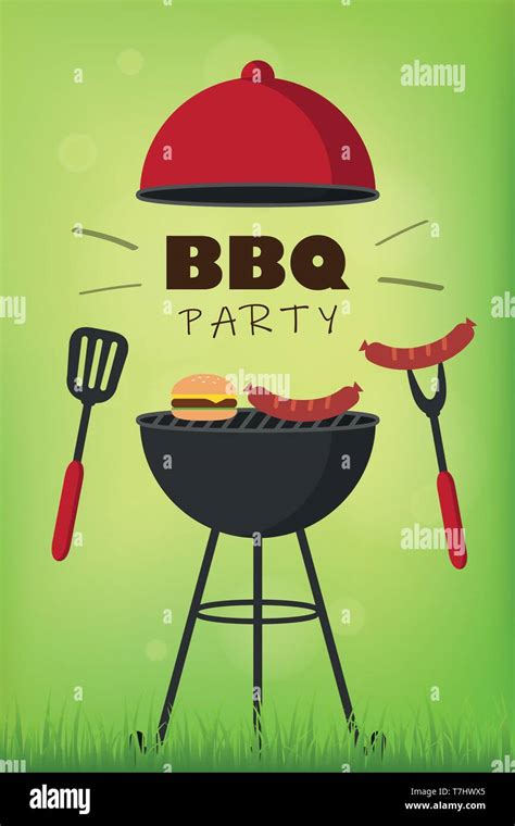 bbq party red kettle barbecue with sausages burger and grill cutlery on ...