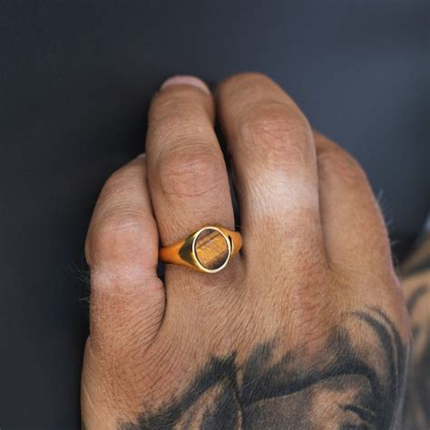 Tigers Eye Ring 18K Gold Signet Ring Mens Tigers Eye Gemstone Pinky