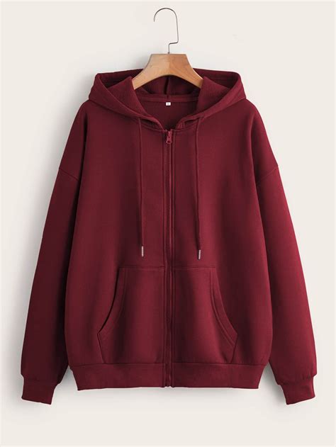 Burgundy Casual Collar Long Sleeve Fabric Plain Zip Up Embellished