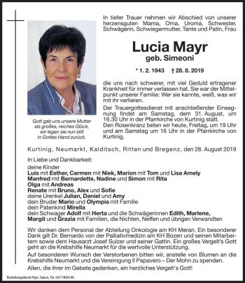 Traueranzeigen Von Lucia Mayr Trauer Bz