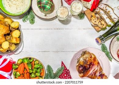 Festive Christmas Dinner Table Traditional Foods Stock Photo