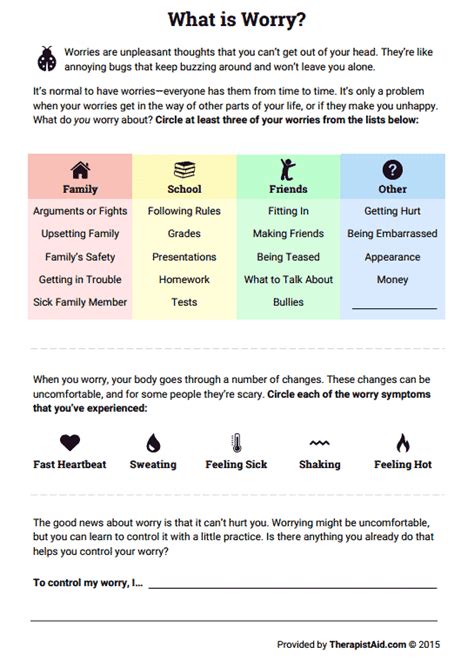 Worry Worksheet Therapist Aid Therapistaidworksheets Net