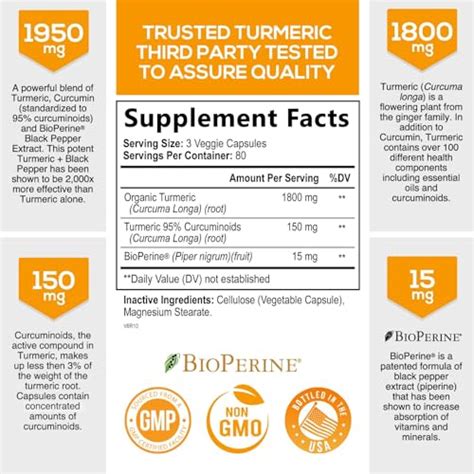 Turmeric Curcumin With Bioperine 95 Standardized Curcuminoids 1950mg