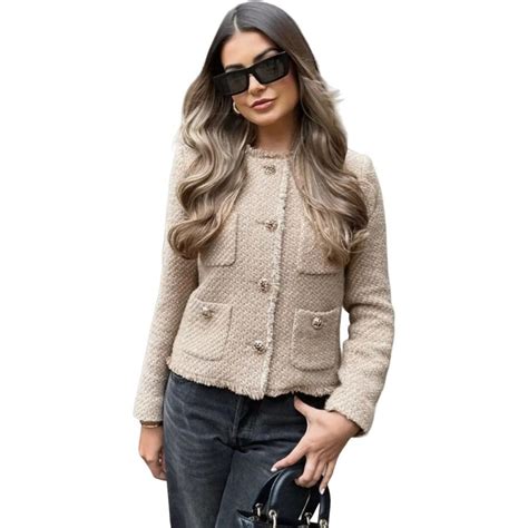 Women Camel Tweed Jacket Long Sleeve Button Frayed Cropped Jacket Women