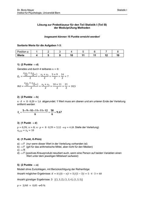 Loesung Probeklausur Teil Stat1 Dr Boris Mayer Statistik I Institut