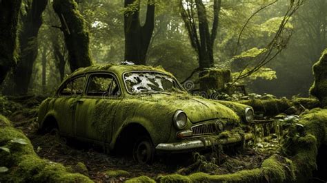 Une Vieille Voiture Couverte De Mousse Dans La For T Concept Industriel