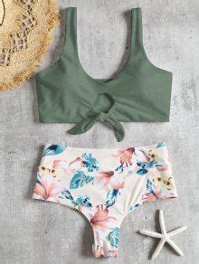 Knotted Floral Scrunch Butt Bikini Set In Camouflage Green Zaful