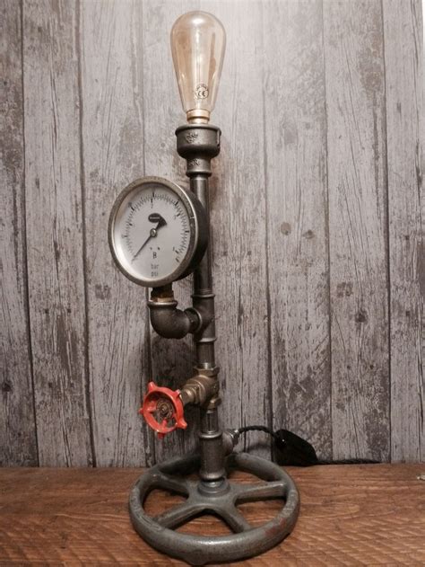 Vintage Steampunk Industrial Lamp With Temperature Gauge And Valves