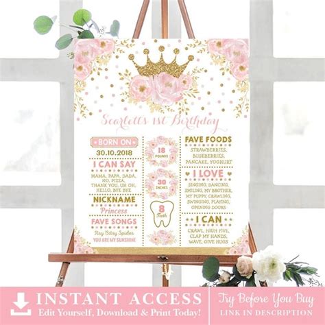 Princess St Birthday Milestone Poster Blush Gold Crown Princess