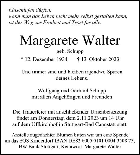 Traueranzeigen Von Margarete Walter Stuttgart Gedenkt De