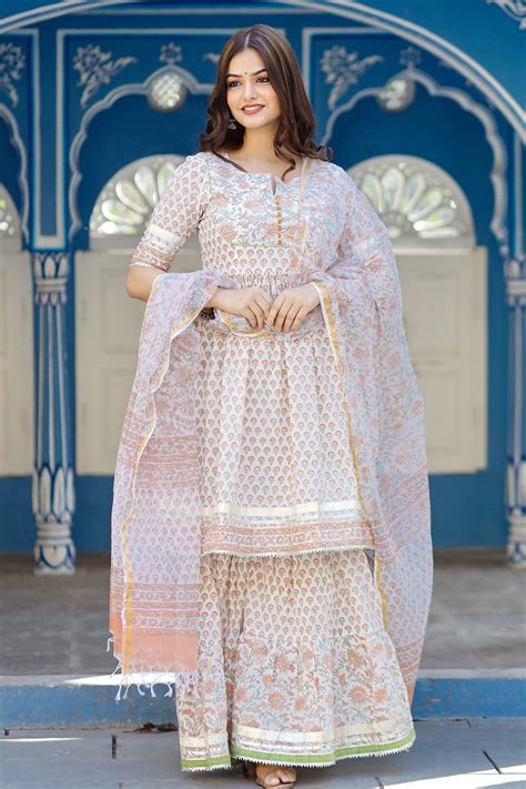 Buy White Cotton Printed Floral Motifs Round Anarkali Sharara Set For