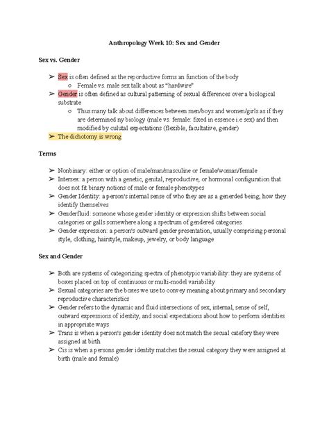 Anthropology Notes Week Anthropology Week Sex And Gender Sex Vs Gender Sex Is Often