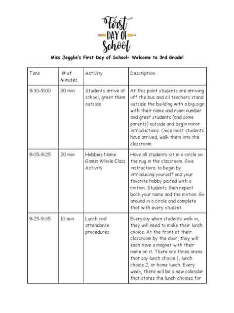 First Day Of School Schedule Pdf Lunch Classroom