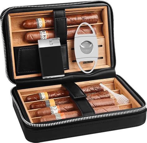 LEACHOI Klassisches Schwarzes Leder 6 Zigarren Humidor Etui Zedernholz