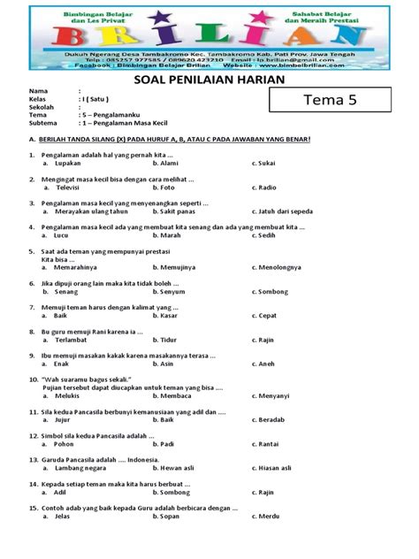 Soal Tematik Kelas 1 Sd Tema 5 Pengalamanku Subtema 1 Pengalaman Masa