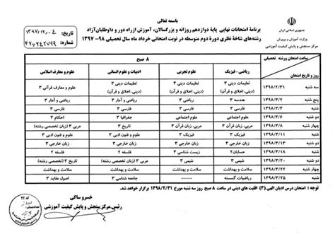 برنامه امتحانات نهایی پایه دوازدهم گزینه دو