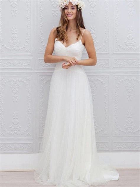 A Line V Neck Spaghetti Straps Backless White Tulle Wedding Dresses B