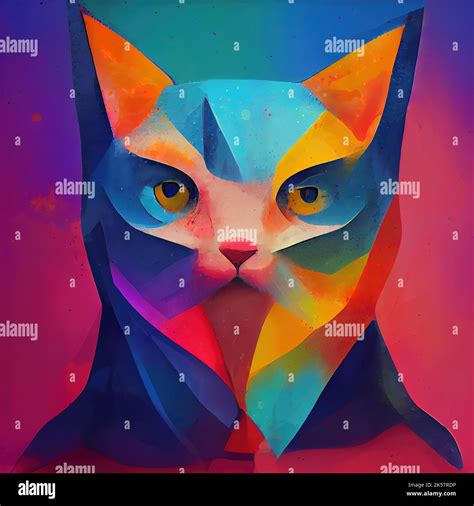 Multicolor Abstract Cat Portrait Geometric Illustration Digital