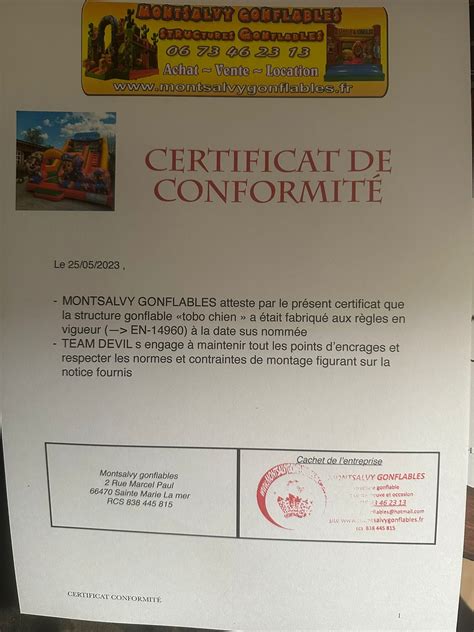 Fiche de conformité de la Brigade Canine Team Devil