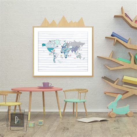 Kids Poster With World Map With Animals Print Nursery World - Etsy