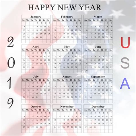 2019 American Calendar Calendar 2019 Calendar American Calendar Flag