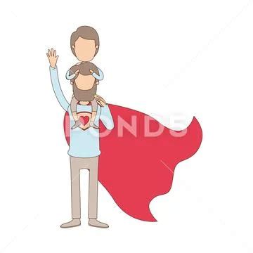 Light Color Caricature Faceless Full Body Super Dad Hero With Girl On