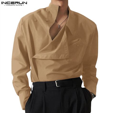 Incerun Camisa De Manga Comprida S Lida Frontal Diagonal Masculina