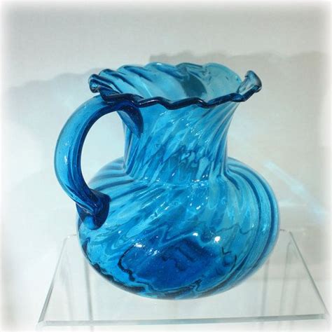 Optic Glass Blue Pitcher Cobalt Blue Glass Twist Hand Blown Large Pitcher Vintage Ruffled