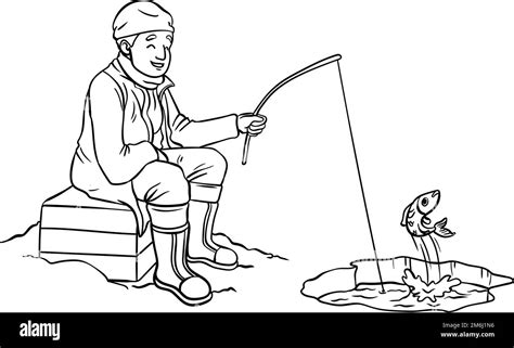 Page de coloriage isolée de la pêche sur glace pour les enfants Image