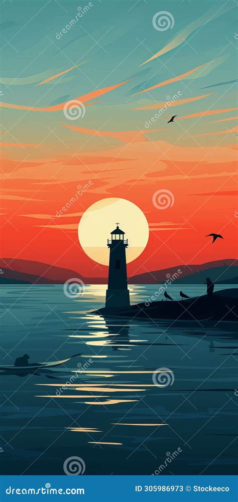 Sunset Lighthouse Illustration Vintage Poster Style Desktop Wallpaper ...