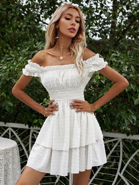 Swiss Dot Off Shoulder Shirred Waist Layered Dress Robe Blanche Courte Robe Dété Robe Avec Col