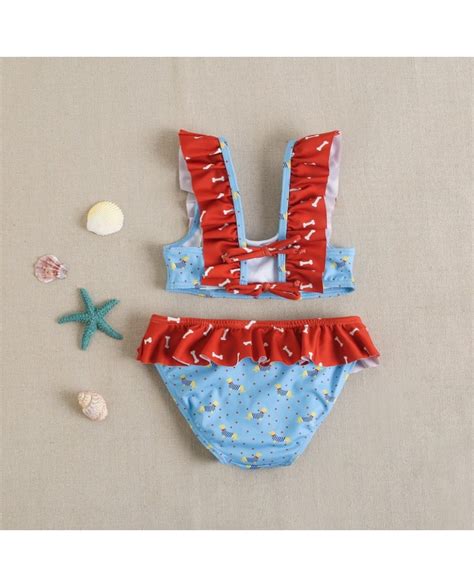 Bikini de niña en color azul con volante rojo estampado
