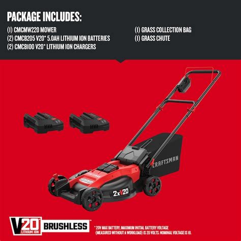 Craftsman V20 20 Volt Max Brushless 20 In Push Cordless Electric Lawn Mower 5 Ah Battery