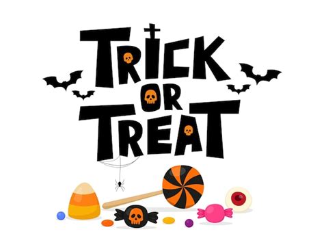 Trick or treat texto vectorial con dulces ilustración de halloween