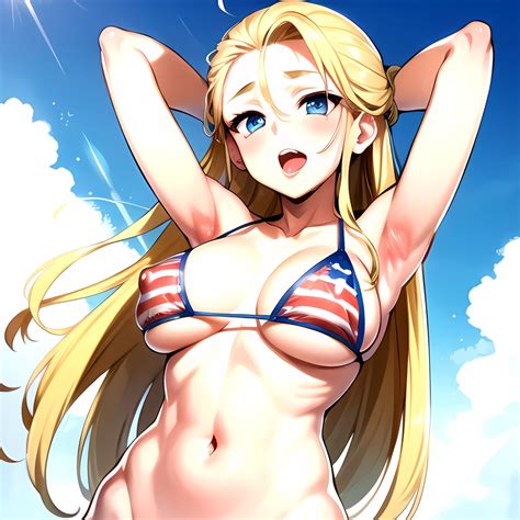 Girl American Flag Bikini Armpits Arms Behind Head Bikini Blonde Hair