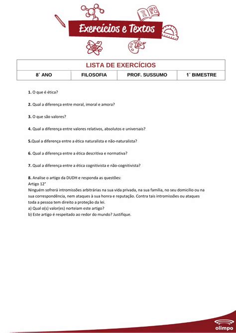 Pdf 8 Ano Filosofia Prof Sussumo Bimestre · Lista De ExercÍcios 8