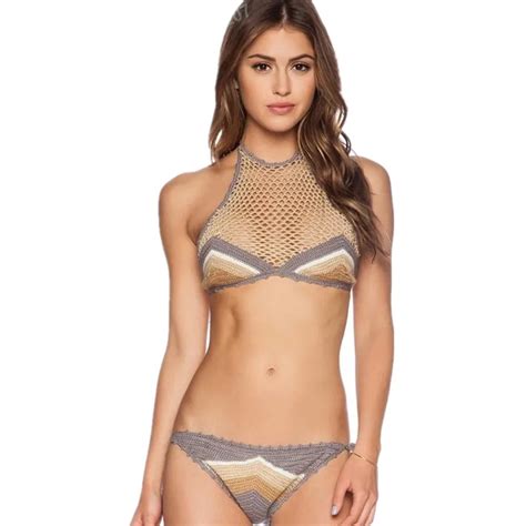 Buy Halter Mesh Bikini Set High Neck Crochet Bikini