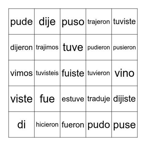 Los Irregulares Del Preterito Bingo Card