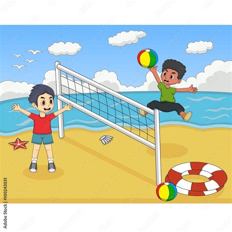 Children playing volleyball on the beach cartoon vector illustration ...