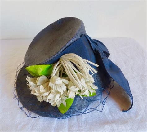 S Navy Blue Sisal Straw Tilt Topper Suitor Hat V Gem