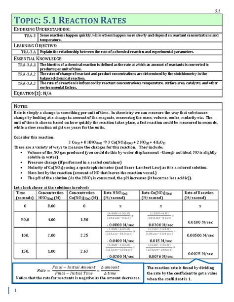 5.1 Reaction Rates Student - TOPIC: 5. 1 REACTION RATES ENDURING