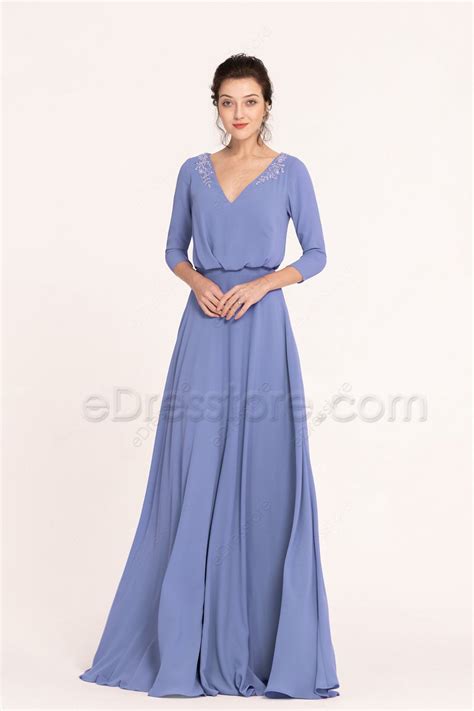 Modest Lds Beaded Periwinkle Bridesmaid Dresses With Sleeves Edresstore