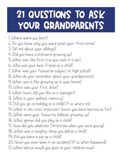 The T Of Time 21 Questions To Ask Grandparents Free Printable