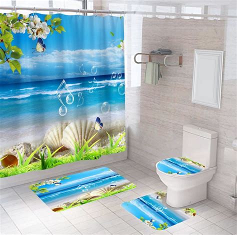 Pcs Shower Curtain Set Starfish Beach Sunset Travel Sand Blue Ocean